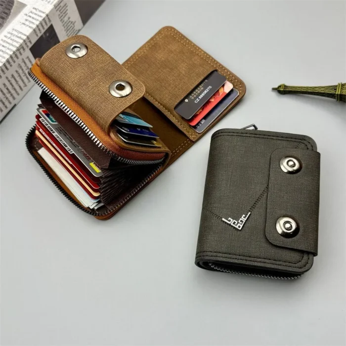 Men’s Short Wallet – Double Buckle, Zipper, Large Capacity PU Leather Purse & Card Holder - Image 3