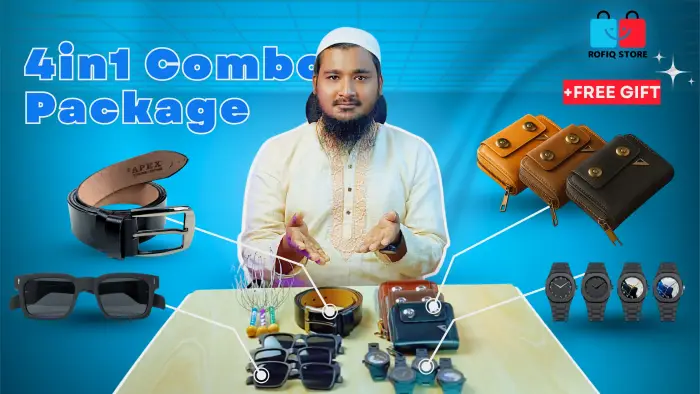 4 in 1 belt, watch, walet, sunglass Combo + Free gift hade massege - Image 1