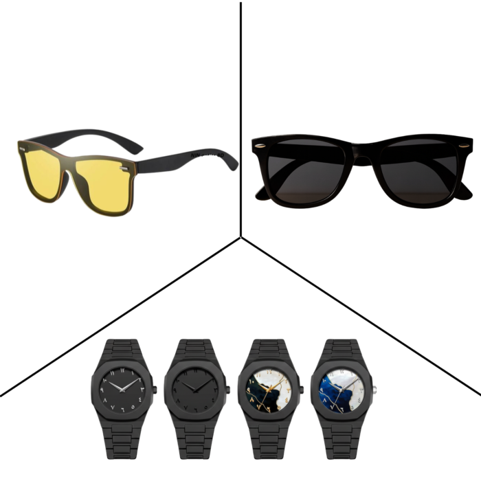 3 in 1 Combo Packge – RayBan Sunglass+Night Vision Glasses+Arabic Aura Watch - Image 1