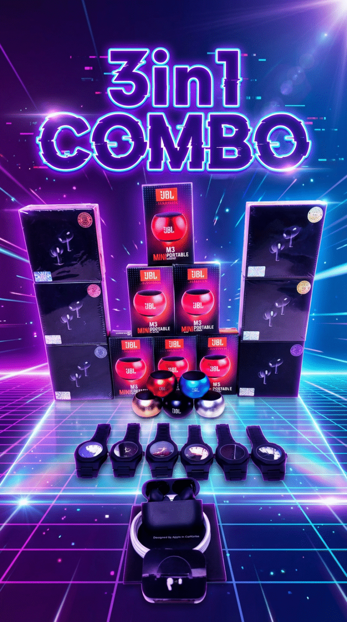 3 in 1 combo apple airbuds, jbl speaker, arabik watch 1050 - Image 1