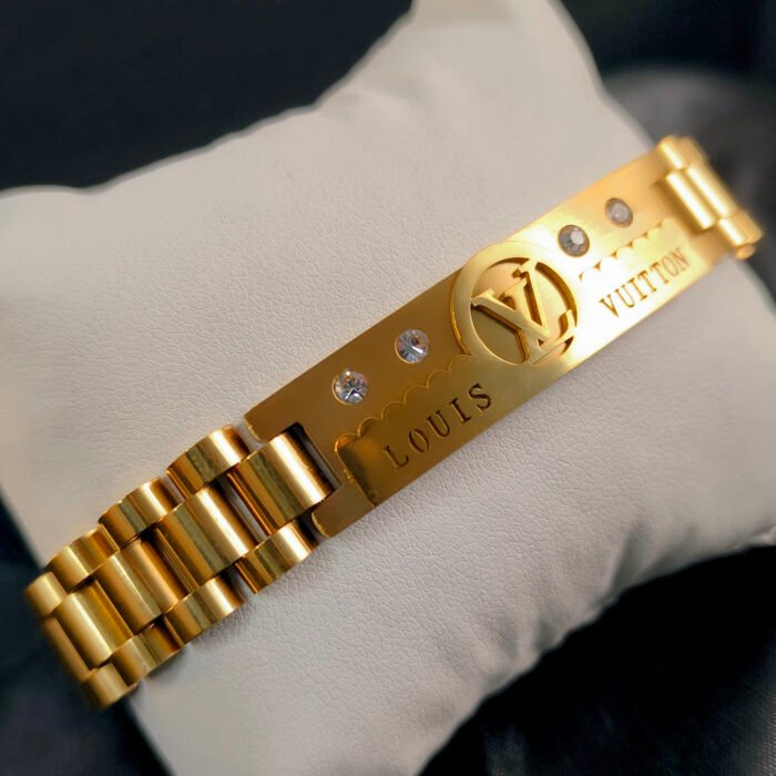 Men's Luxury Gold Plated Louis Vuitton Style Bracelet | Designer Monogram Chain | Stylish Golden Wristband for Men - Image 3