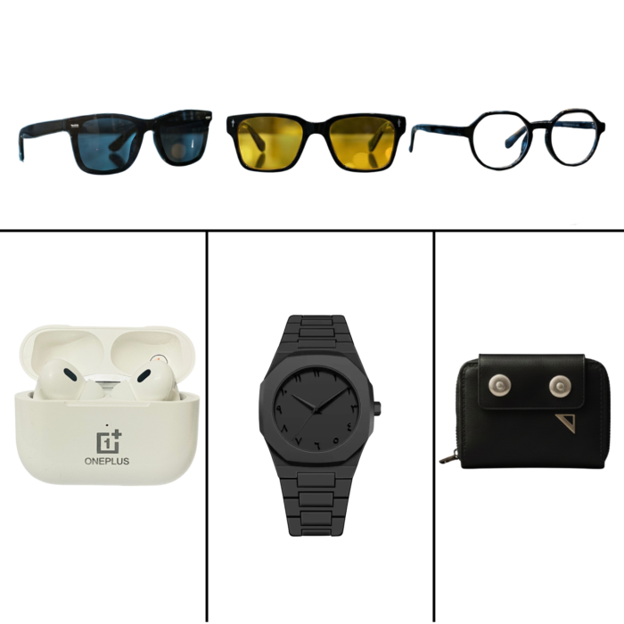 6 in 1 Combo Package - OnePlus AirPods Pro (Medium)+Arabic Aura Watch+Card Holder Moneybag+Blue Cut Glasses+Night Vision Glasses+OneGlass Sunglass+3 Glasses Box Free - Image 1