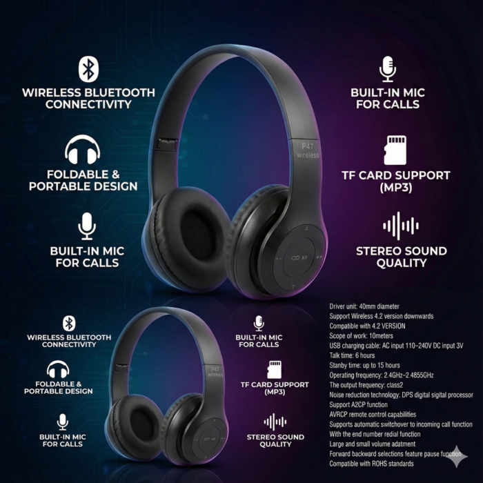 P47 Wireless Bluetooth Headphones – Foldable Stereo Headset with FM/TF Card Support, Deep Bass & Hands-Free Calling - Image 4