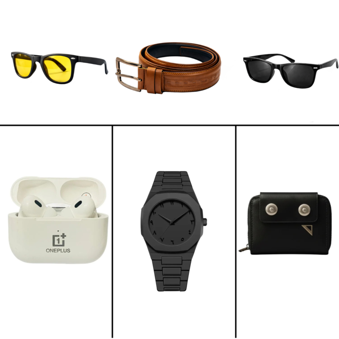 6 in 1 Belt Combo – OnePlus AirPods Pro (Medium)+Arabic Aura Watch+Card Holder Moneybag+Artificial Leather Belt+Night Vision Glasses+OneGlass Sunglass+2 Glasses Box Free - Image 1
