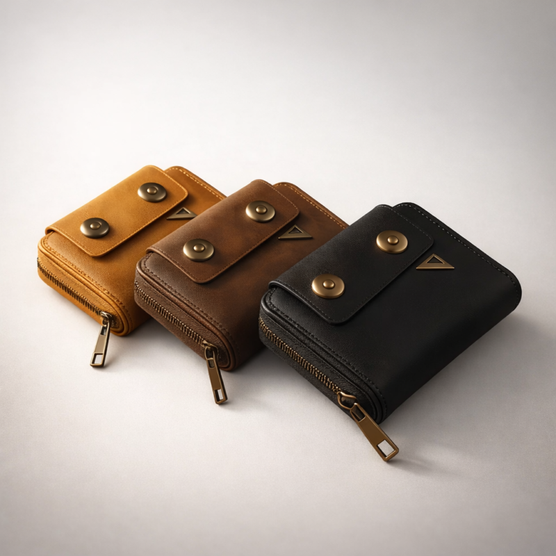 Elegant leather wallets with brass accents