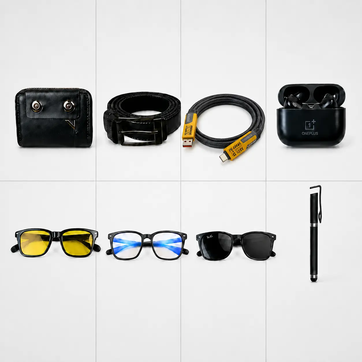ChatGPT Image Aug 24, 2026, 03_48_34 PM 8 in 1 combo. oneplus airbuds pro+card holder money bag+4-in-1 fast charging cable + artificial leather belt+ bluecut glass+night vision glass +sungless+touch pen - Image 1