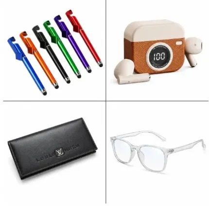 4 in 1 Smart Lifestyle Combo – Q86 Retro Camera Earbuds, Long Wallet, White Sunglass & Touch Pen