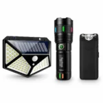 3 in 1 Light & Security Combo – Rechargeable Torch + Solar Motion Sensor Light + 801 Safety Flashlight